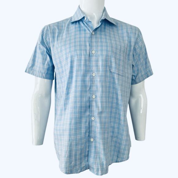 Peter Millar Shirt Men Plaid Size Medium Button Down Blue Short Sleeve - Picture 1 of 4